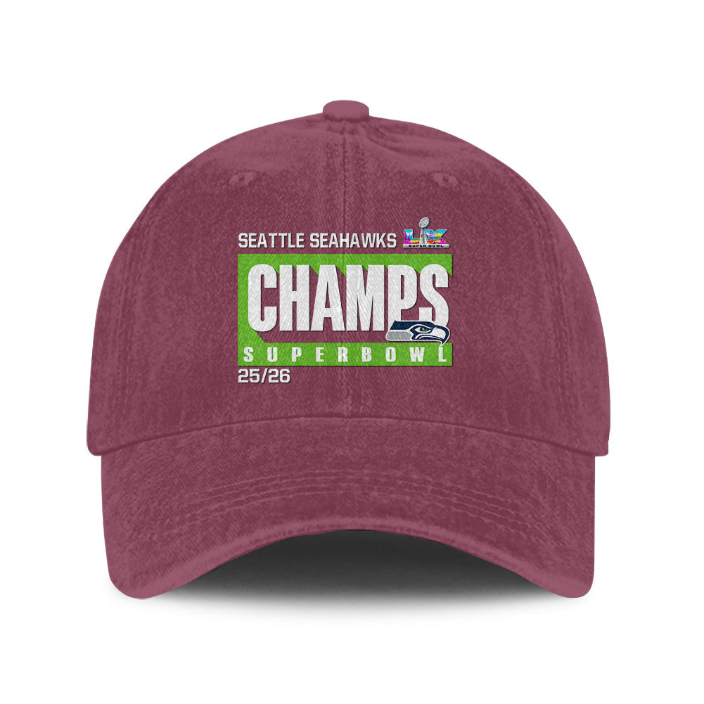 Seattle Seahawks Super Bowl LX Champs 25/26 Washed Cap – Printed Graphic - Burgundy