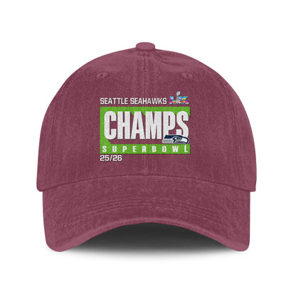 Seattle Seahawks Super Bowl LX Champs 25/26 Washed Cap – Printed Graphic - Burgundy