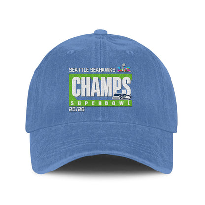 Seattle Seahawks Super Bowl LX Champs 25/26 Washed Cap – Printed Graphic - Denim Blue