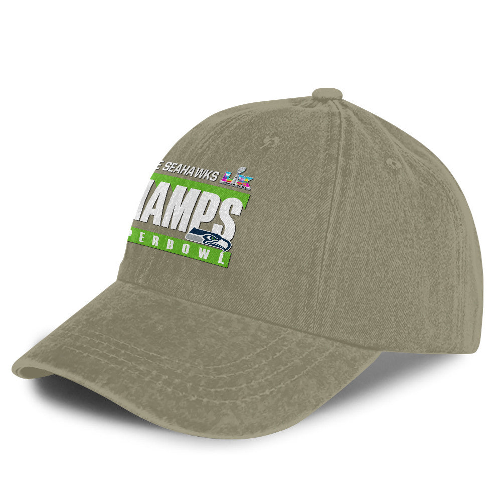 Seattle Seahawks Super Bowl LX Champs 25/26 Washed Cap – Printed Graphic - Olive Khaki