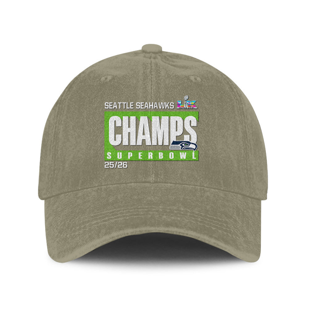 Seattle Seahawks Super Bowl LX Champs 25/26 Washed Cap – Printed Graphic - Olive Khaki