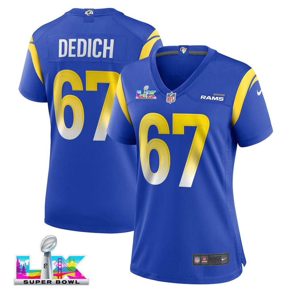 Justin Dedich 67 Women's Los Angeles Rams 2026 Super Bowl LX - Royal Team Game Jersey