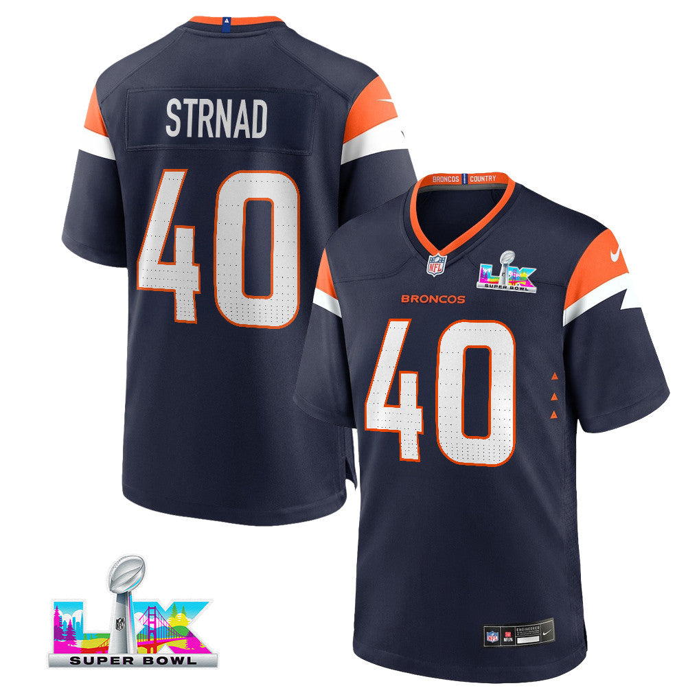 Justin Strnad 40 Denver Broncos 2026 Super Bowl LX - Navy Alternate Game Jersey