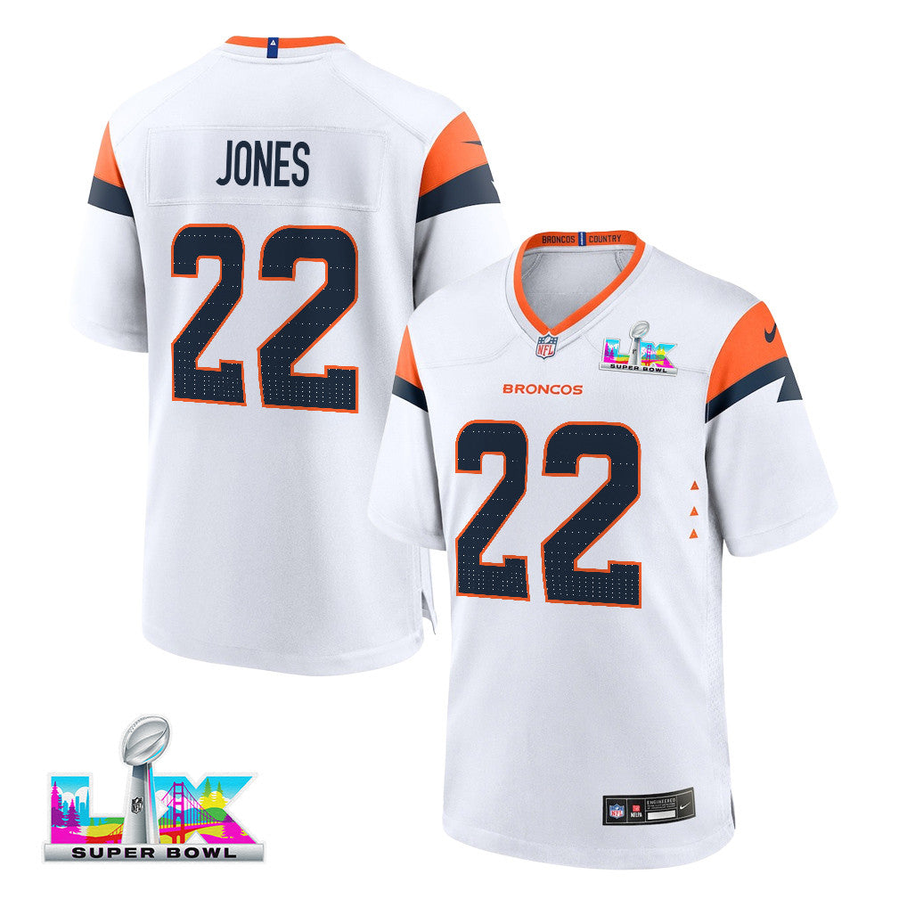 Brandon Jones 22 Denver Broncos 2026 Super Bowl LX - White Game Jersey