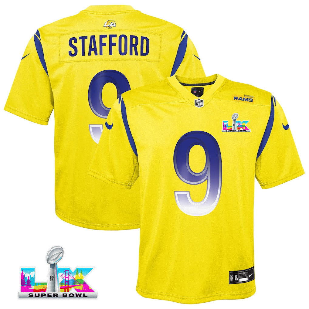 Matthew Stafford 9 Los Angeles Rams YOUTH - 2026 Super Bowl LX Gold Inverted Game Team Jersey