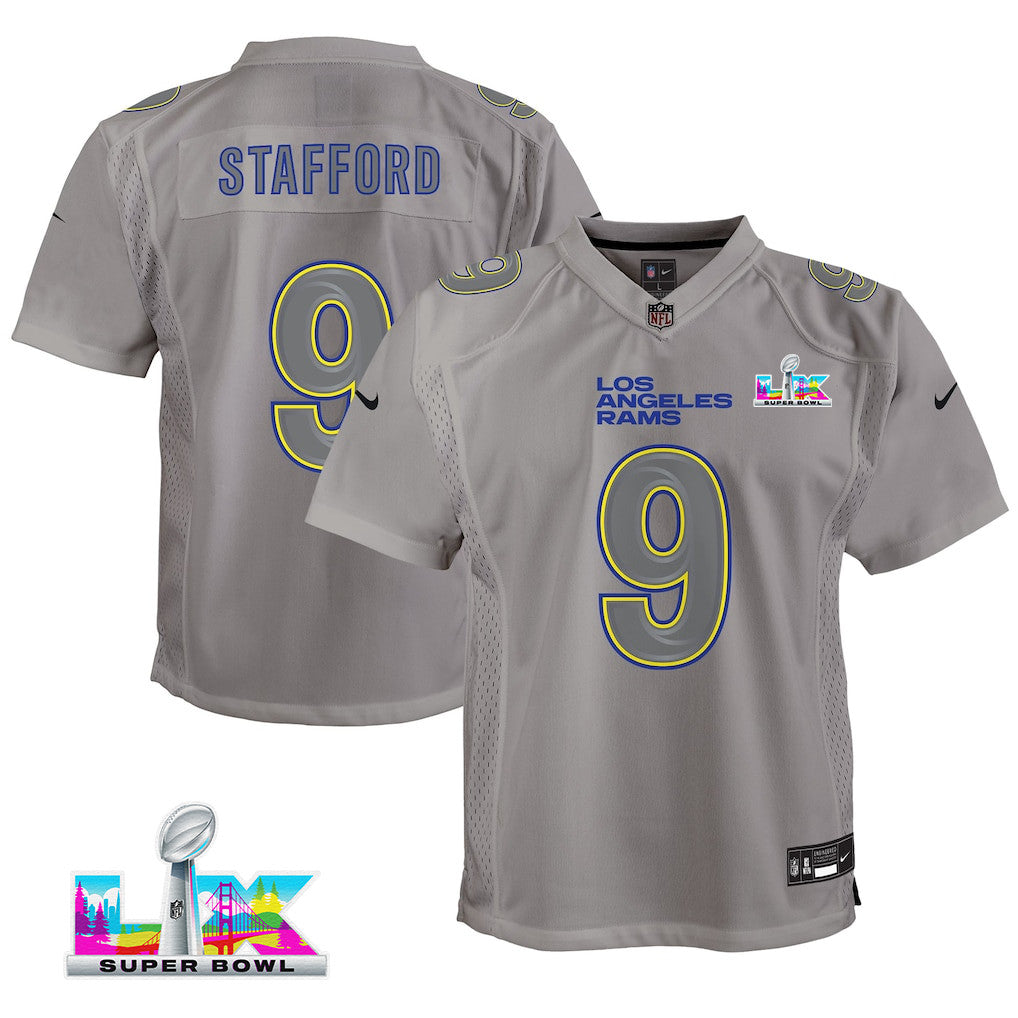 Matthew Stafford 9 Los Angeles Rams YOUTH - 2026 Super Bowl LX Gray Atmosphere Game Jersey