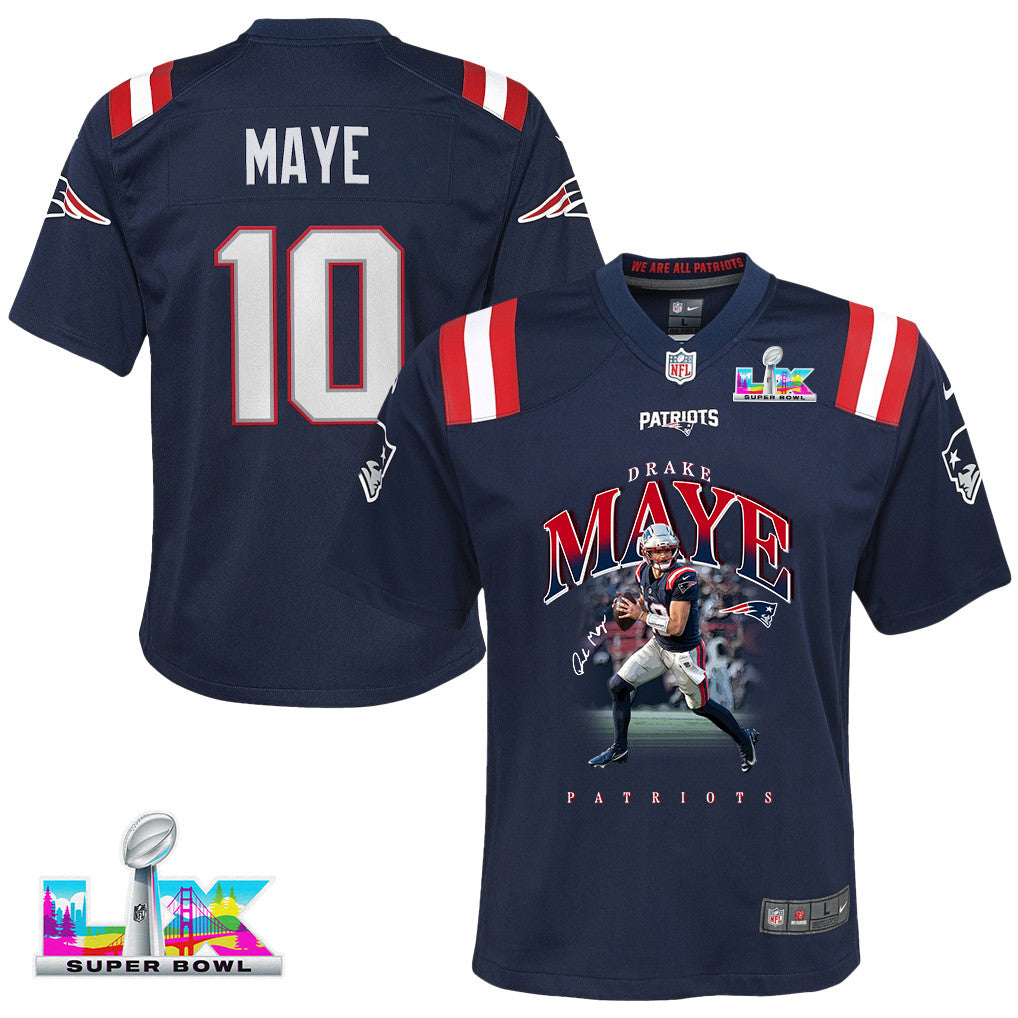 Drake Maye 10 New England Patriots Super Bowl LX Future Legend YOUTH Jersey – Navy
