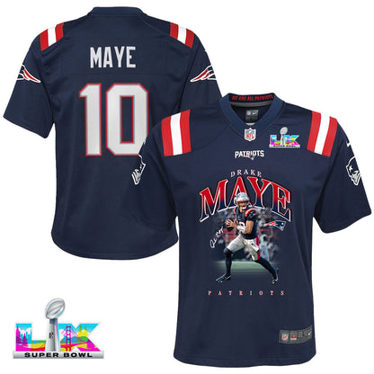 Drake Maye 10 New England Patriots Super Bowl LX Future Legend YOUTH Jersey – Navy