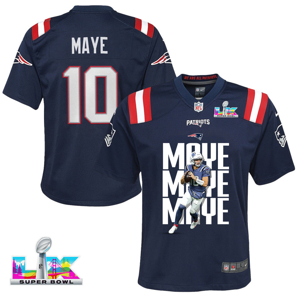 Drake Maye 10 New England Patriots Super Bowl LX Leadership Edition YOUTH Jersey – Navy