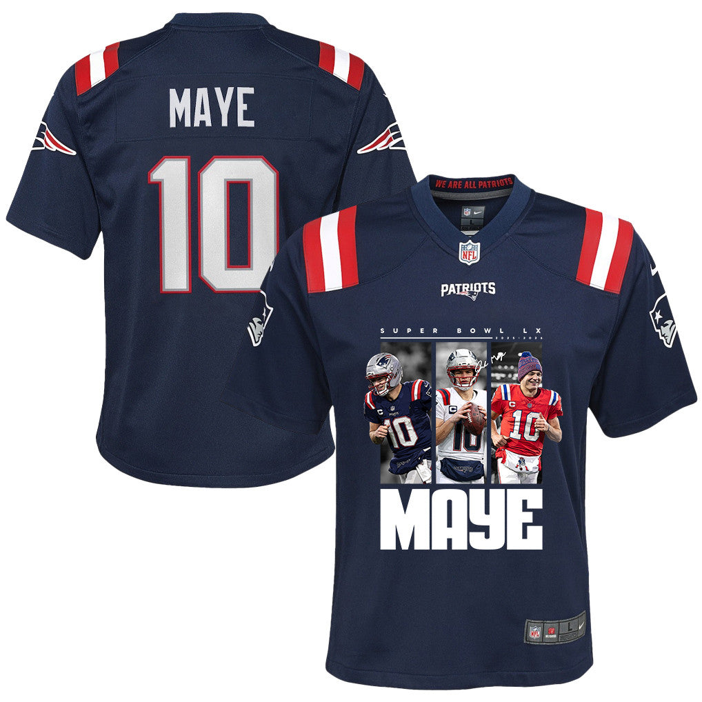 Drake Maye 10 New England Patriots Super Bowl LX Game Day YOUTH Jersey – Navy