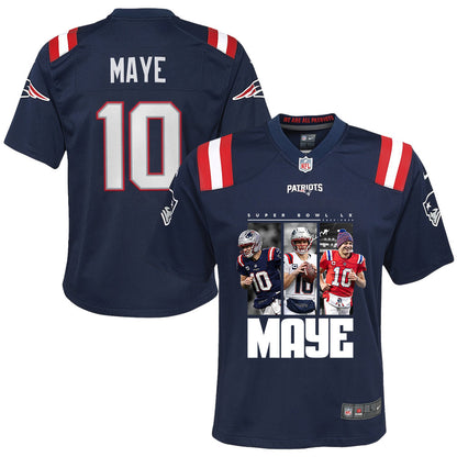 Drake Maye 10 New England Patriots Super Bowl LX Game Day YOUTH Jersey – Navy