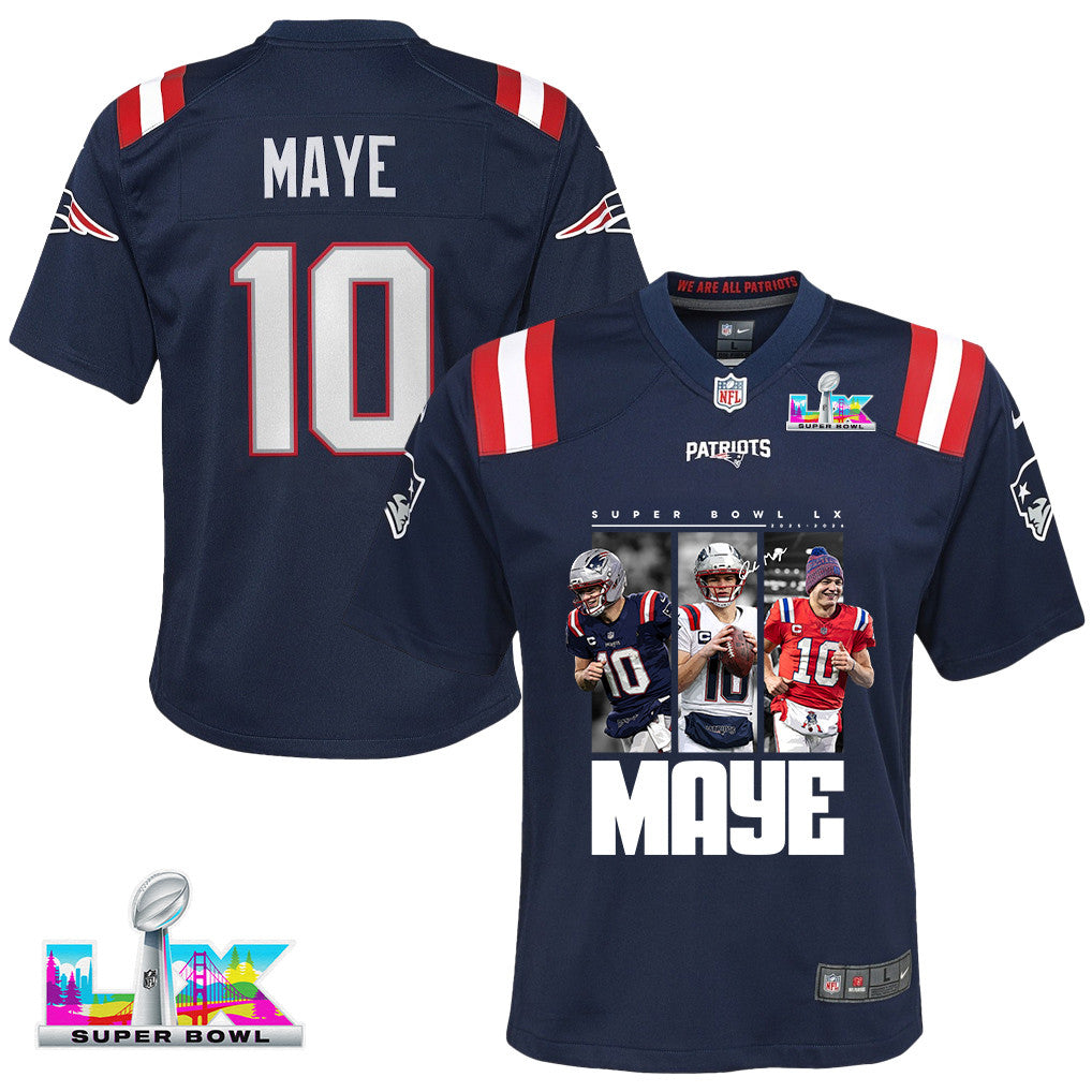 Drake Maye 10 New England Patriots Super Bowl LX Game Day YOUTH Jersey – Navy
