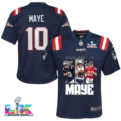 Drake Maye 10 New England Patriots Super Bowl LX Game Day YOUTH Jersey – Navy
