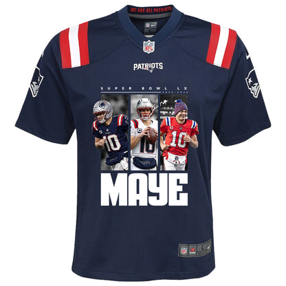 Drake Maye 10 New England Patriots Super Bowl LX Game Day YOUTH Jersey – Navy