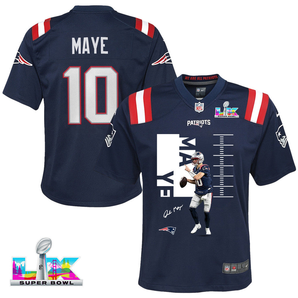 Drake Maye 10 New England Patriots Super Bowl LX Elite Performer YOUTH Jersey – Navy