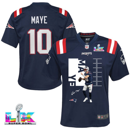 Drake Maye 10 New England Patriots Super Bowl LX Elite Performer YOUTH Jersey – Navy