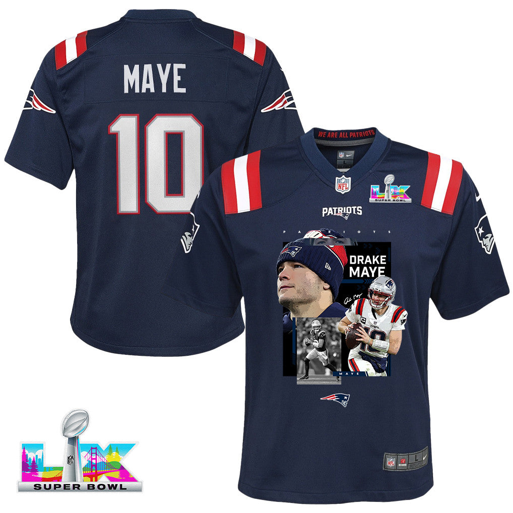 Drake Maye 10 New England Patriots Super Bowl LX Championship Run YOUTH Jersey – Navy