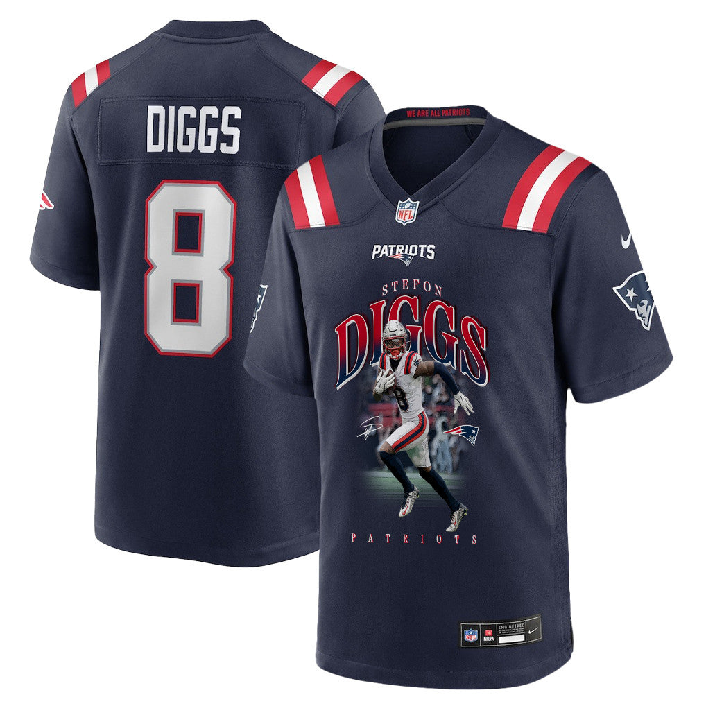 Stefon Diggs 8 New England Patriots Super Bowl LX Star Wide Receiver Men Jersey - Navy