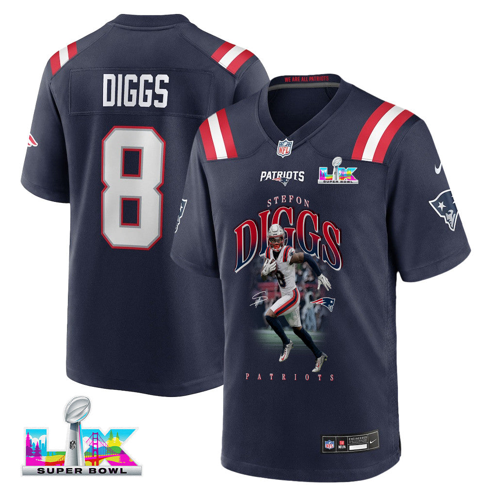 Stefon Diggs 8 New England Patriots Super Bowl LX Star Wide Receiver Men Jersey - Navy