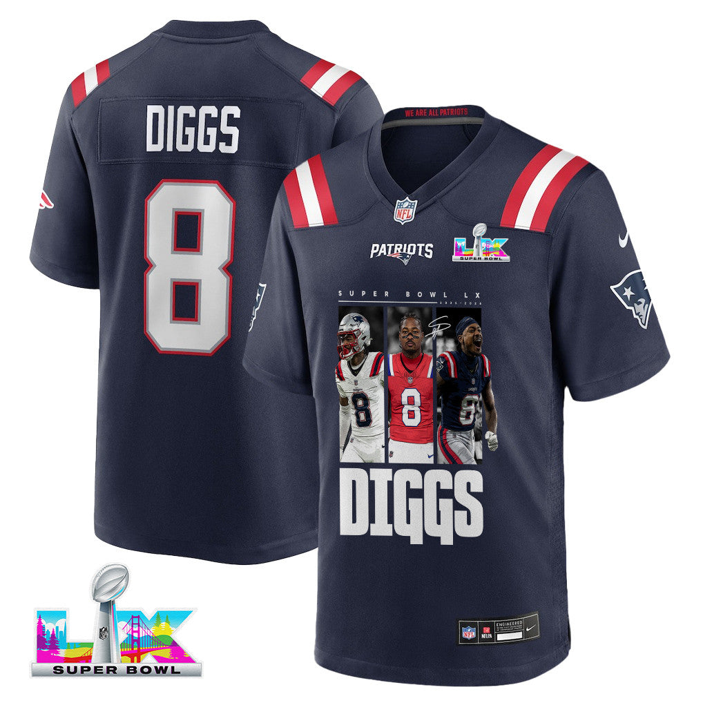 Stefon Diggs 8 New England Patriots Super Bowl LX Big-Moment Star Men Jersey - Navy