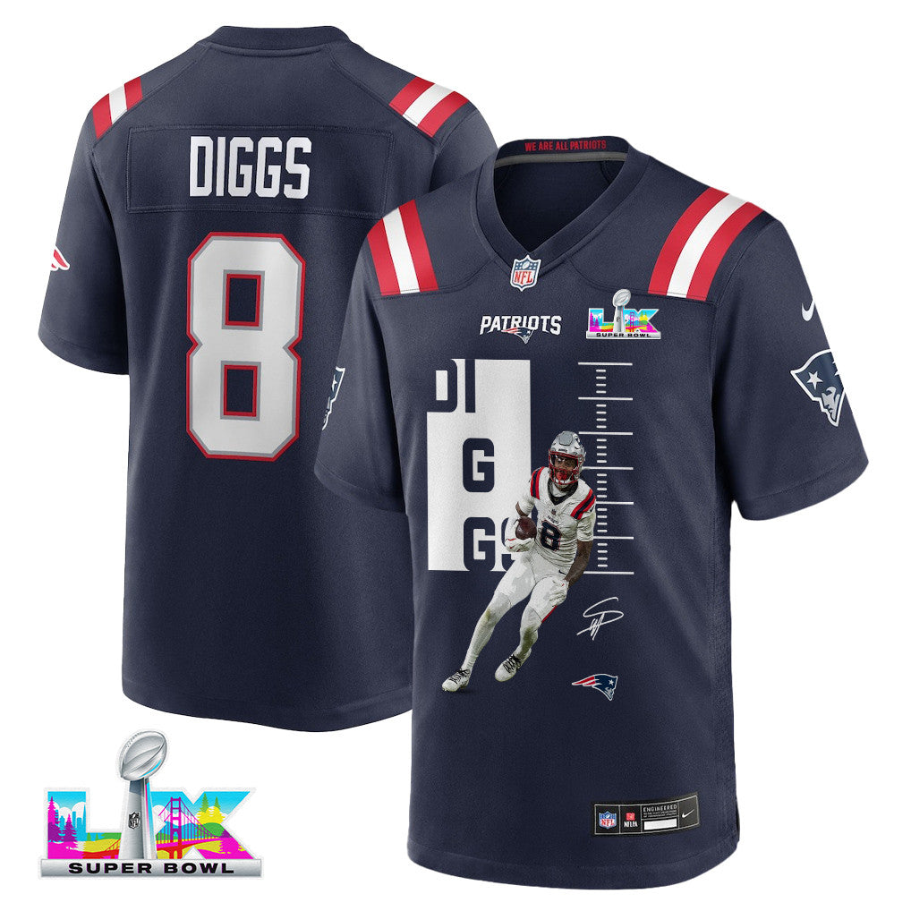 Stefon Diggs 8 New England Patriots Super Bowl LX Dynamic Receiver Men Jersey - Navy