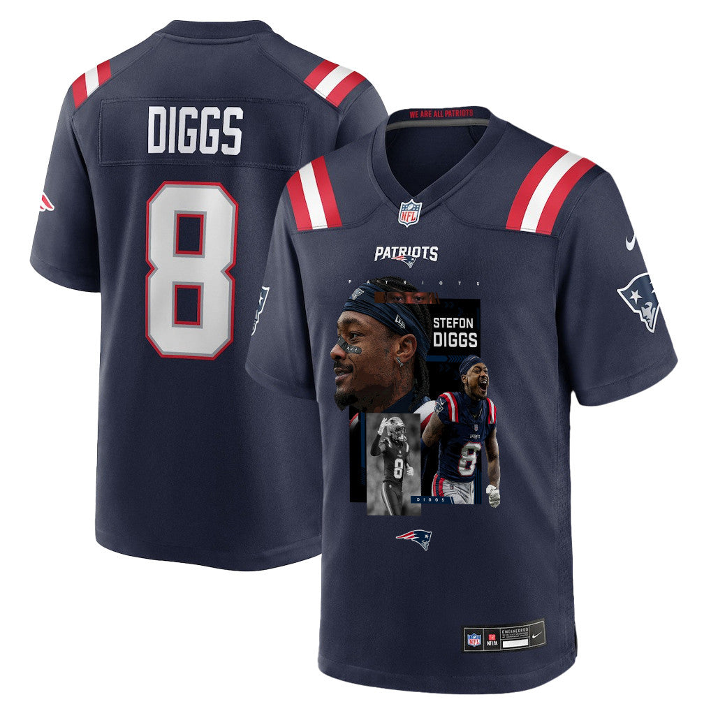 Stefon Diggs 8 New England Patriots Super Bowl LX Game-Breaking Talent Men Jersey - Navy