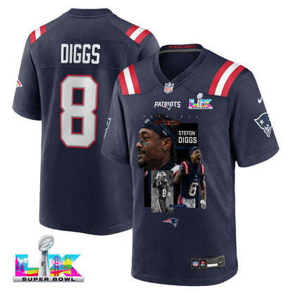 Stefon Diggs 8 New England Patriots Super Bowl LX Game-Breaking Talent Men Jersey - Navy