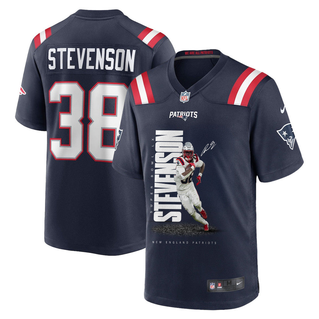 Rhamondre Stevenson 38 New England Patriots Super Bowl LX Powerhouse Performer Men Jersey – Navy