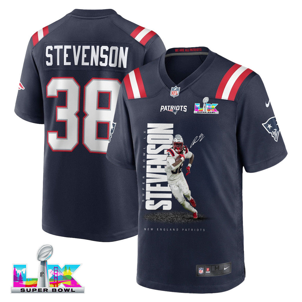 Rhamondre Stevenson 38 New England Patriots Super Bowl LX Powerhouse Performer Men Jersey – Navy