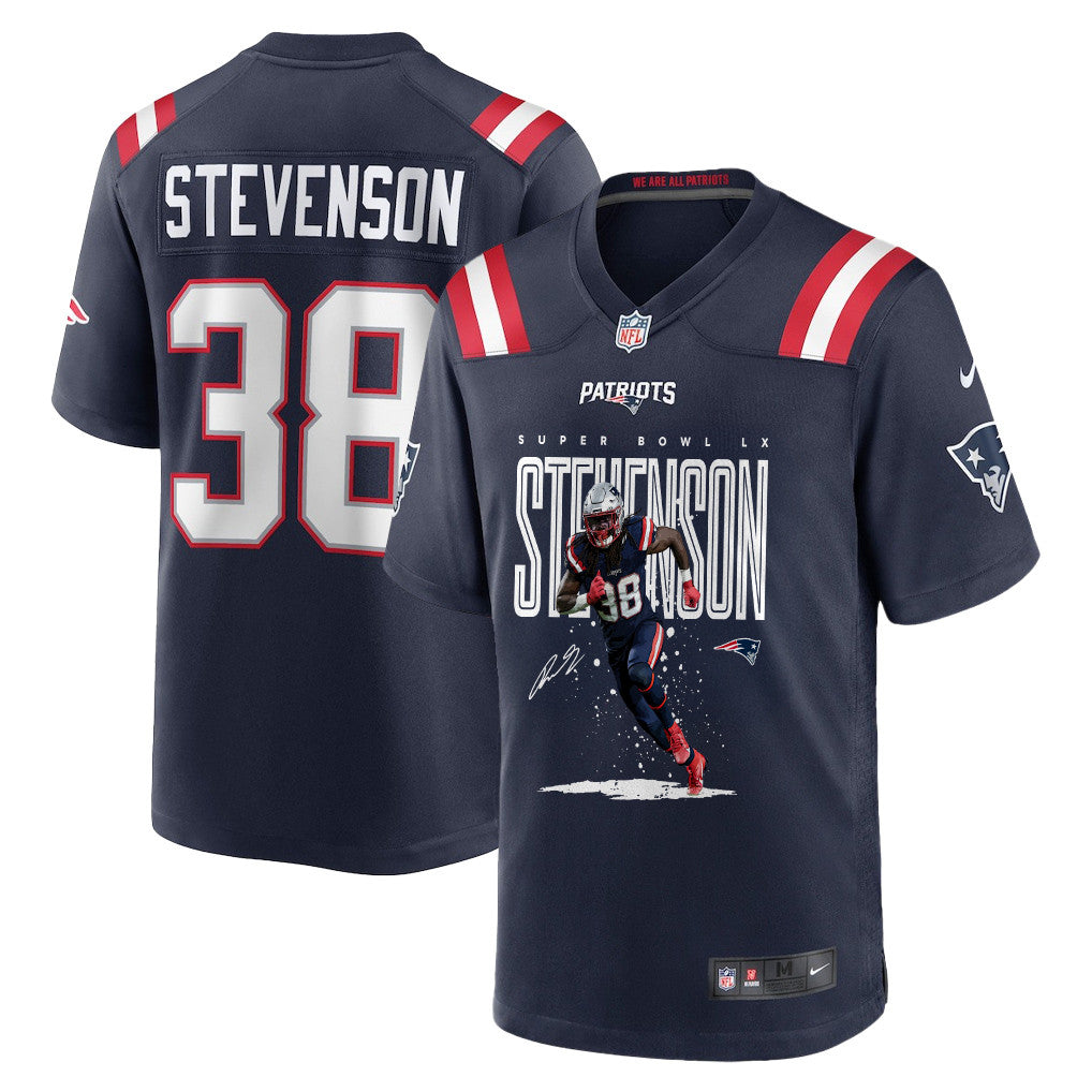 Rhamondre Stevenson 38 New England Patriots Super Bowl LX Elite Ground-Game Star Men Jersey – Navy
