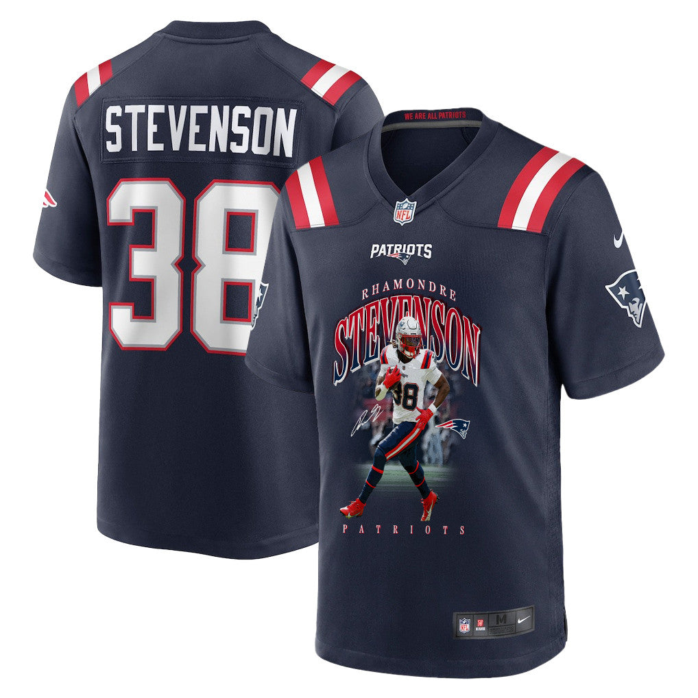 Rhamondre Stevenson 38 New England Patriots Super Bowl LX Fearless Running Back Men Jersey – Navy