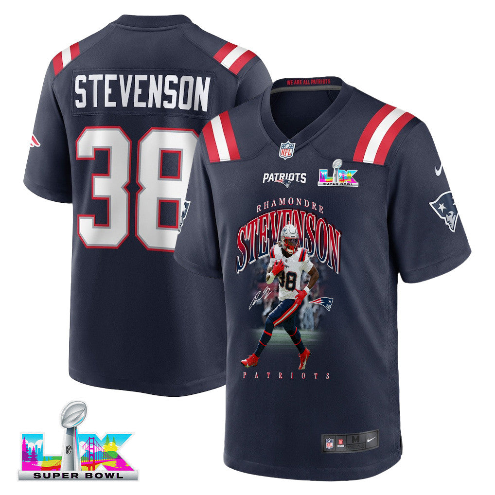 Rhamondre Stevenson 38 New England Patriots Super Bowl LX Fearless Running Back Men Jersey – Navy