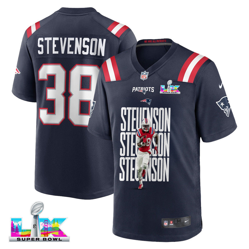 Rhamondre Stevenson 38 New England Patriots Super Bowl LX Explosive Playmaker Men Jersey – Navy
