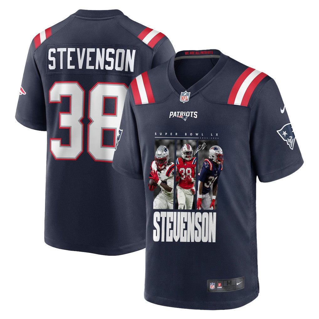 Rhamondre Stevenson 38 New England Patriots Super Bowl LX Hard-Hitting Workhorse Men Jersey – Navy