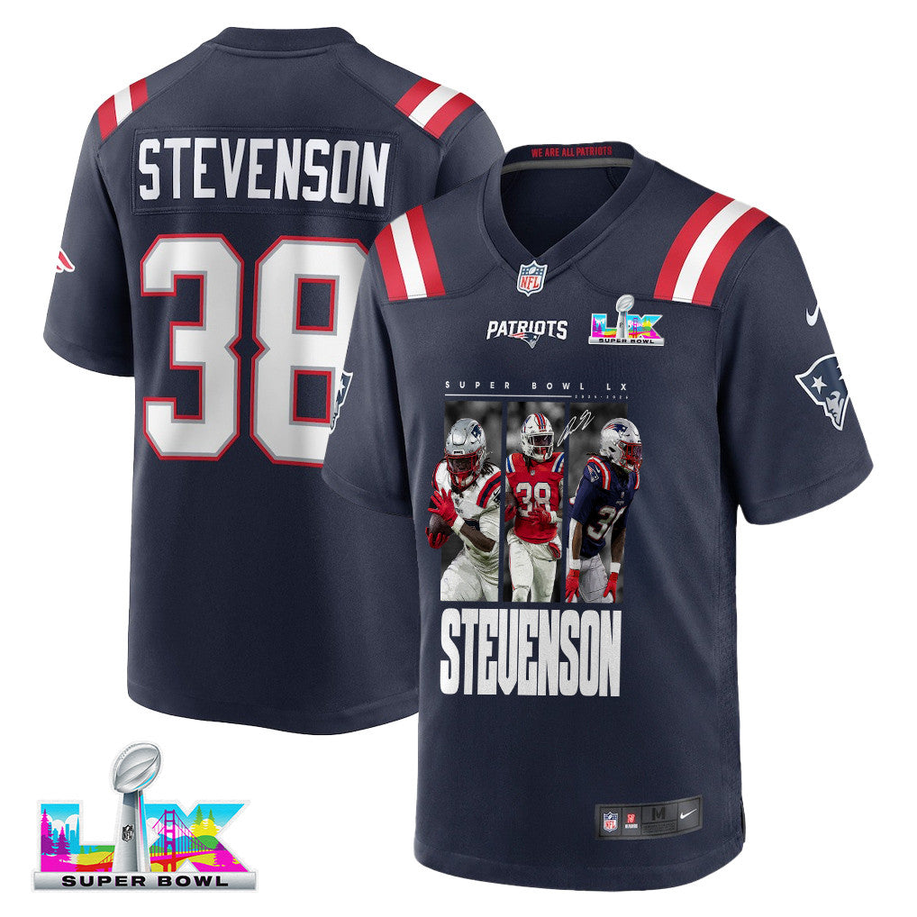 Rhamondre Stevenson 38 New England Patriots Super Bowl LX Hard-Hitting Workhorse Men Jersey – Navy