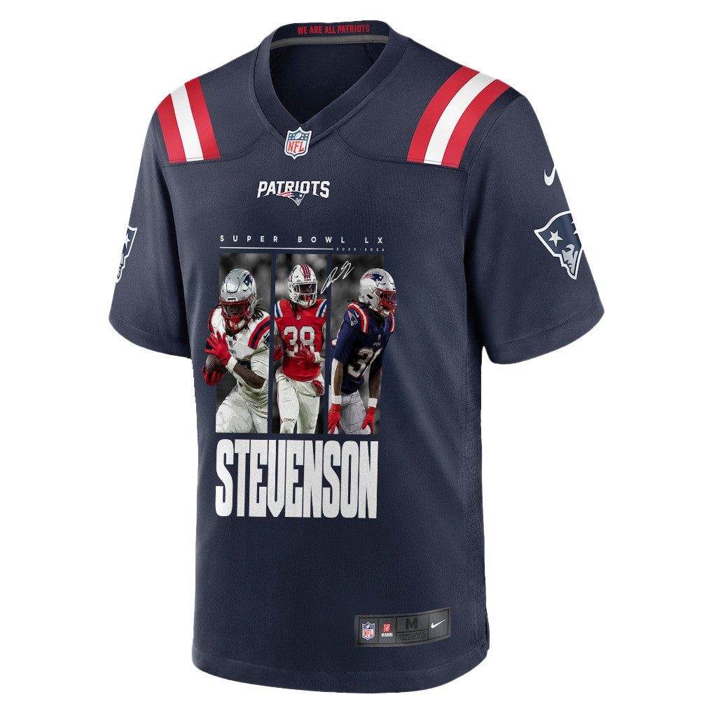 Rhamondre Stevenson 38 New England Patriots Super Bowl LX Hard-Hitting Workhorse Men Jersey – Navy