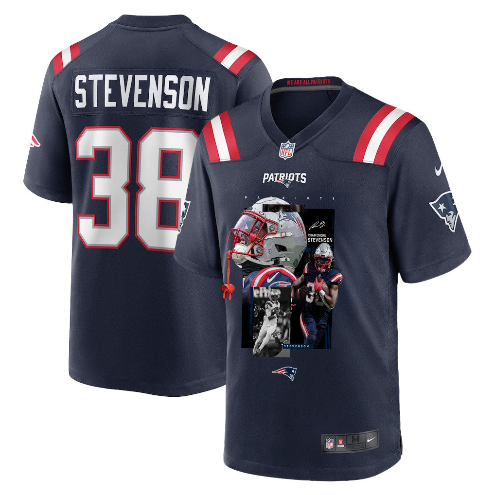 Rhamondre Stevenson 38 New England Patriots Super Bowl LX Relentless Rushing Talent Men Jersey – Navy