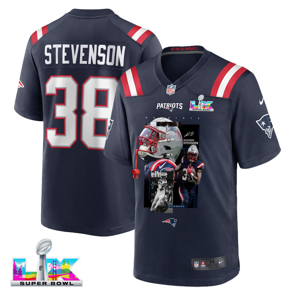 Rhamondre Stevenson 38 New England Patriots Super Bowl LX Relentless Rushing Talent Men Jersey – Navy