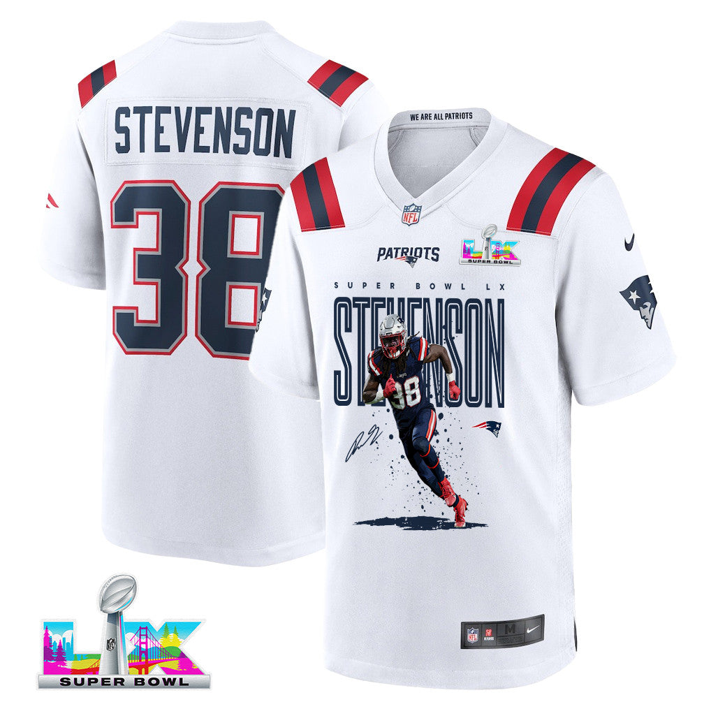 Rhamondre Stevenson 38 New England Patriots Super Bowl LX Elite Ground-Game Star Men Jersey – White