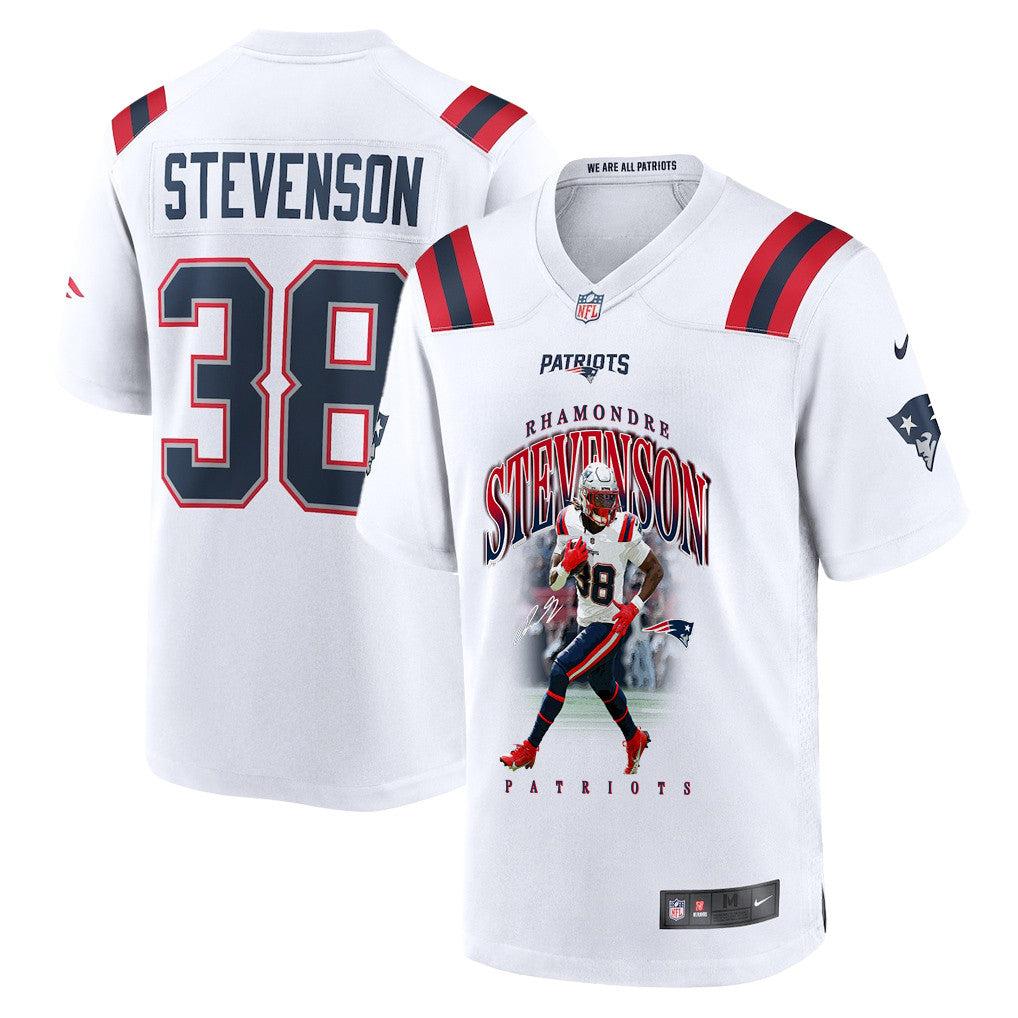 Rhamondre Stevenson 38 New England Patriots Super Bowl LX Fearless Running Back Men Jersey – White