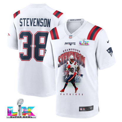Rhamondre Stevenson 38 New England Patriots Super Bowl LX Fearless Running Back Men Jersey – White