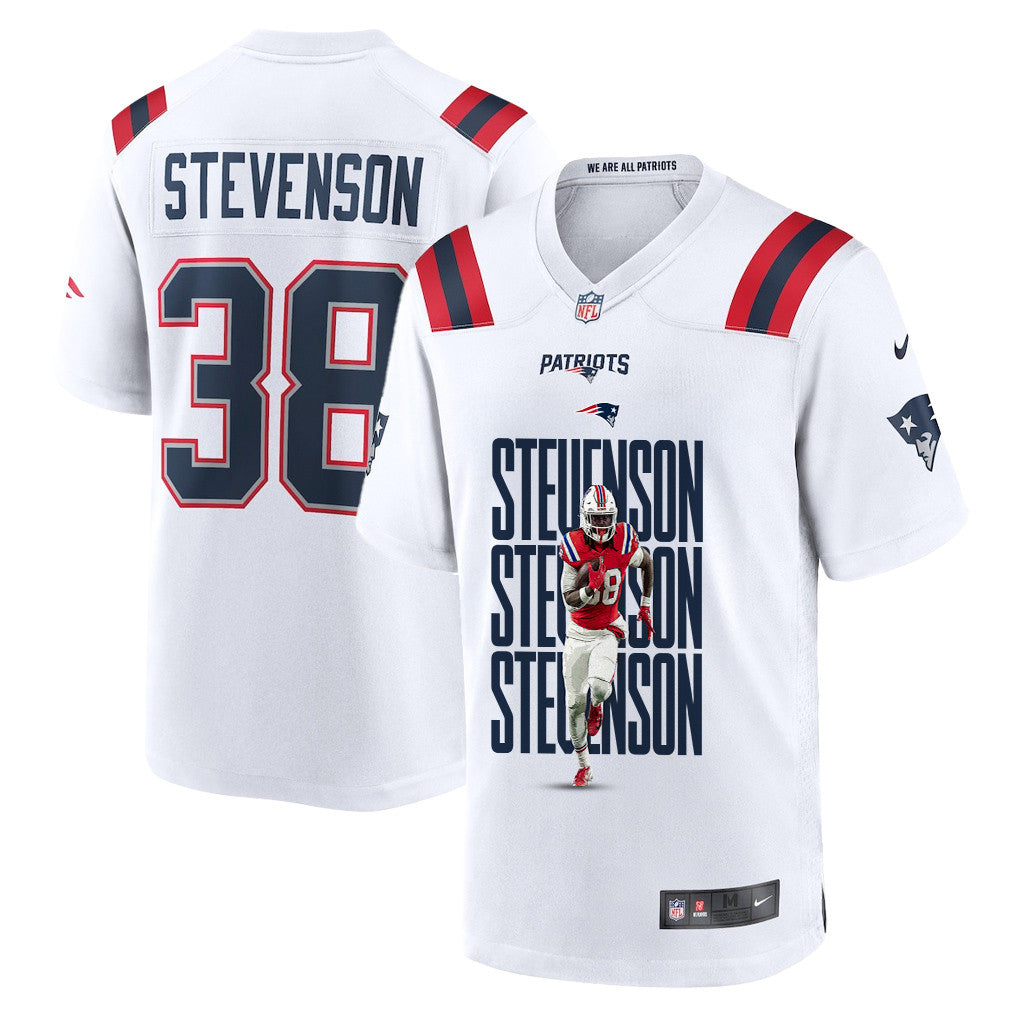 Rhamondre Stevenson 38 New England Patriots Super Bowl LX Explosive Playmaker Men Jersey – White