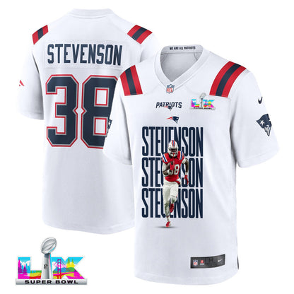 Rhamondre Stevenson 38 New England Patriots Super Bowl LX Explosive Playmaker Men Jersey – White