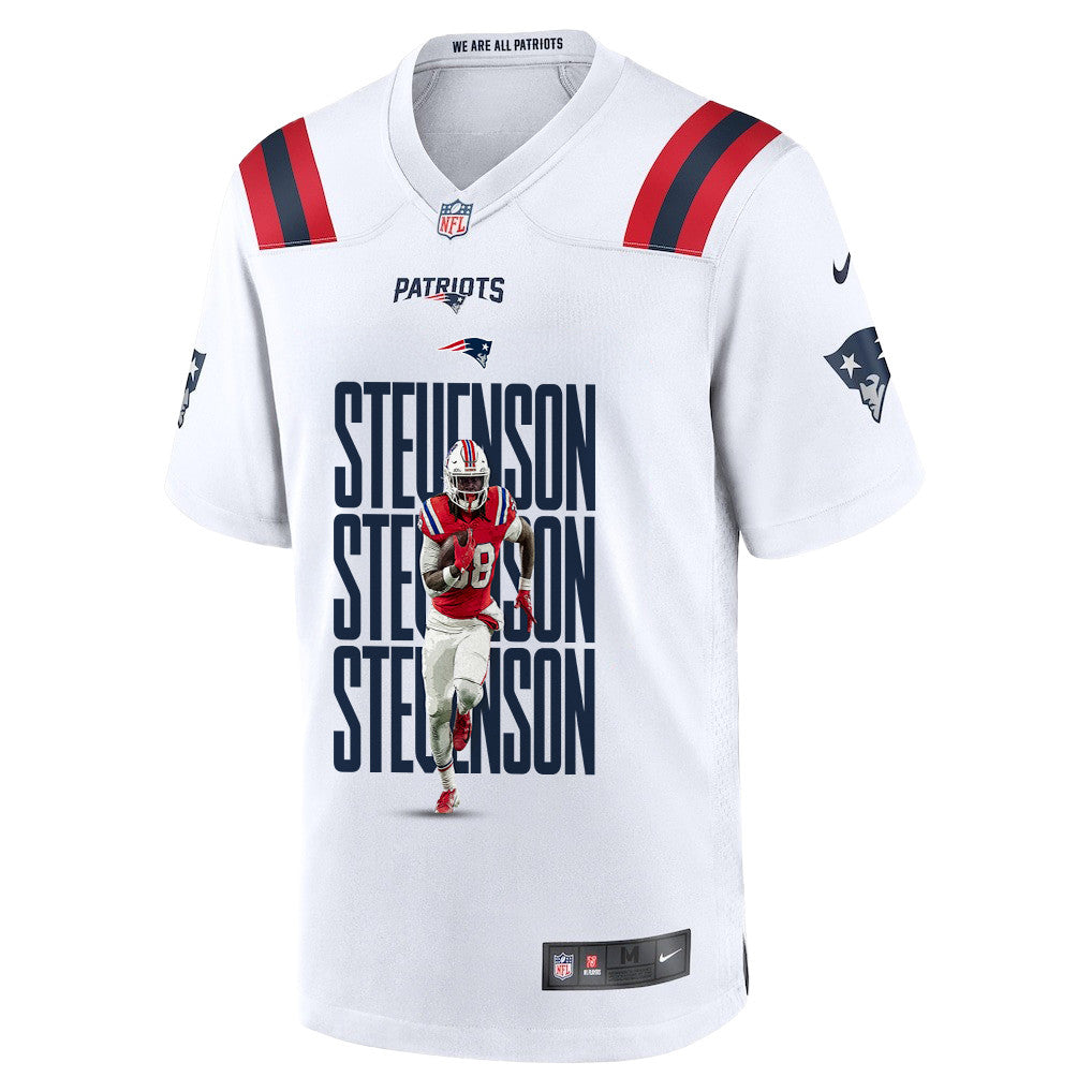 Rhamondre Stevenson 38 New England Patriots Super Bowl LX Explosive Playmaker Men Jersey – White