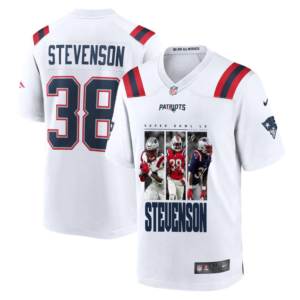 Rhamondre Stevenson 38 New England Patriots Super Bowl LX Hard-Hitting Workhorse Men Jersey – White