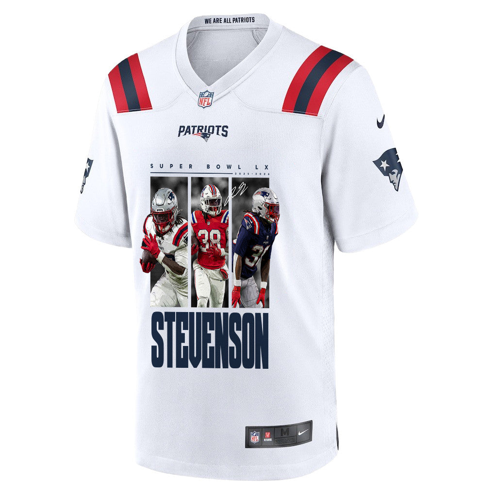Rhamondre Stevenson 38 New England Patriots Super Bowl LX Hard-Hitting Workhorse Men Jersey – White