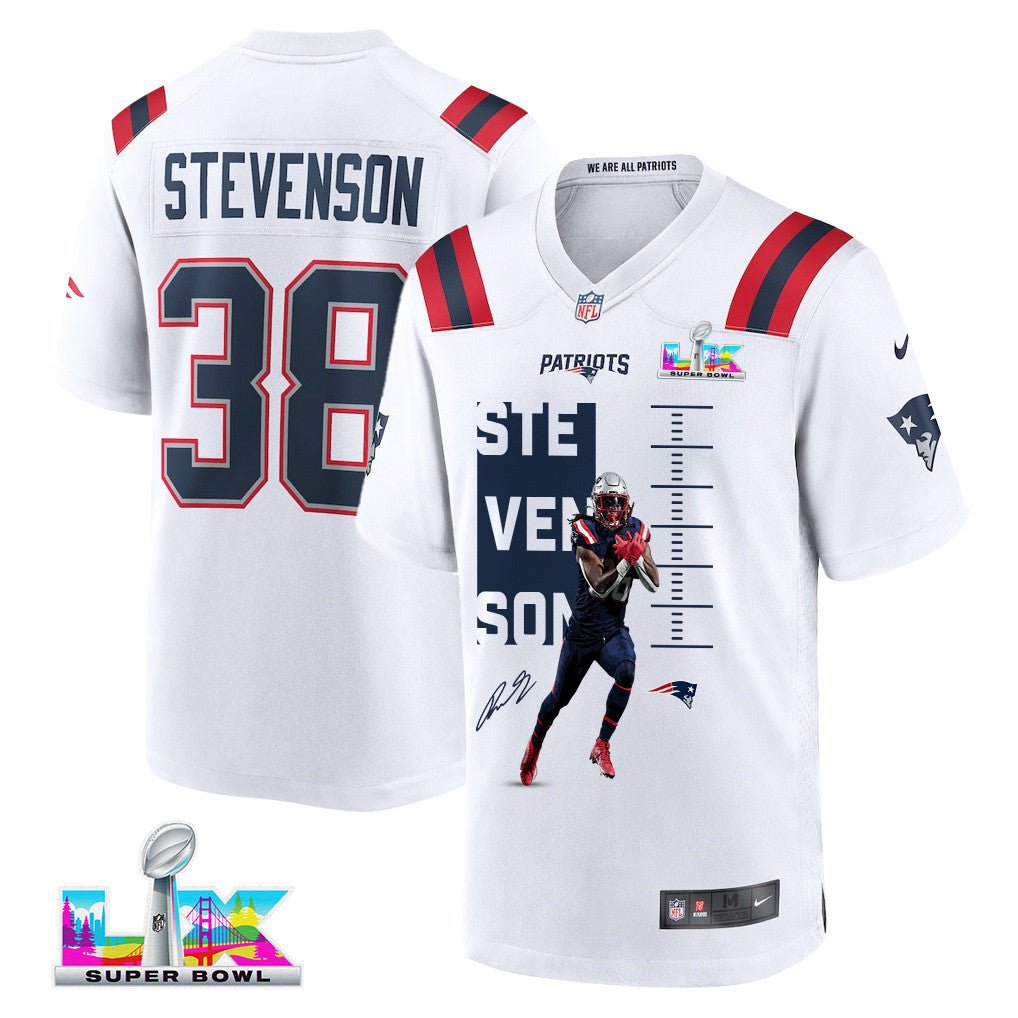 Rhamondre Stevenson 38 New England Patriots Super Bowl LX Championship-Ready Star Men Jersey – White