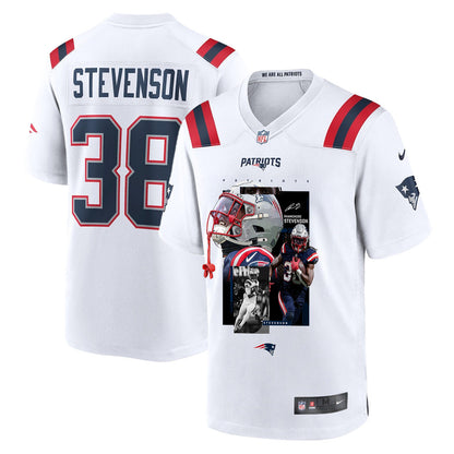 Rhamondre Stevenson 38 New England Patriots Super Bowl LX Relentless Rushing Talent Men Jersey – White