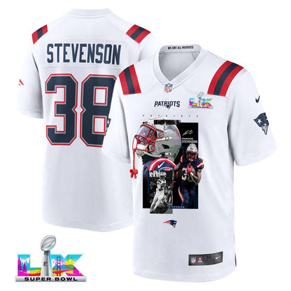 Rhamondre Stevenson 38 New England Patriots Super Bowl LX Relentless Rushing Talent Men Jersey – White