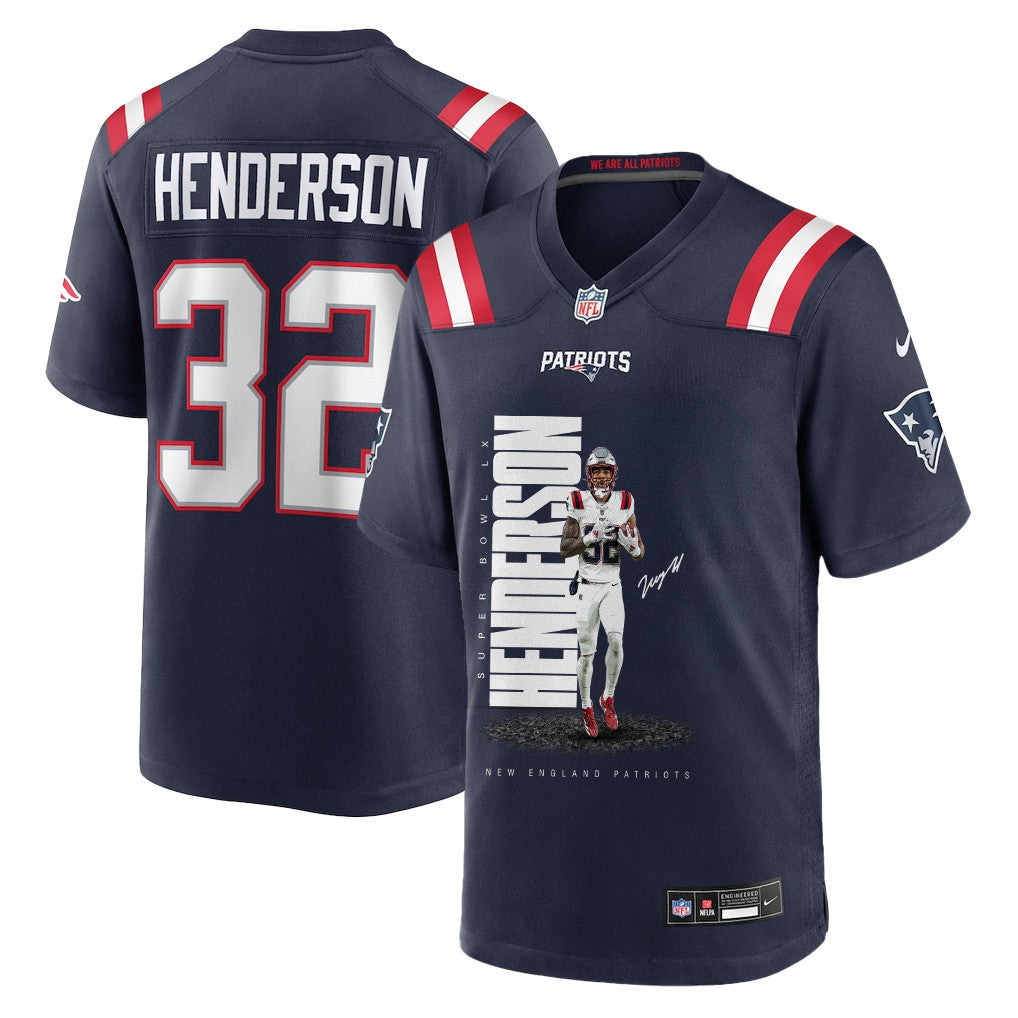 TreVeyon Henderson 32 New England Patriots Super Bowl LX Elite Playmaker Men Jersey – Navy